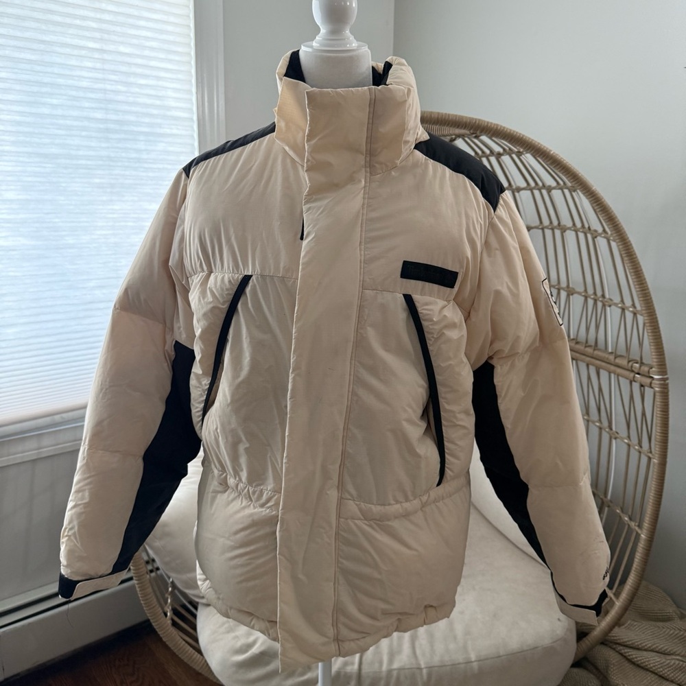 Timberland 650 Down Puffer Jacket Women’s Medium Cream‎ Black Colorblock Y2K